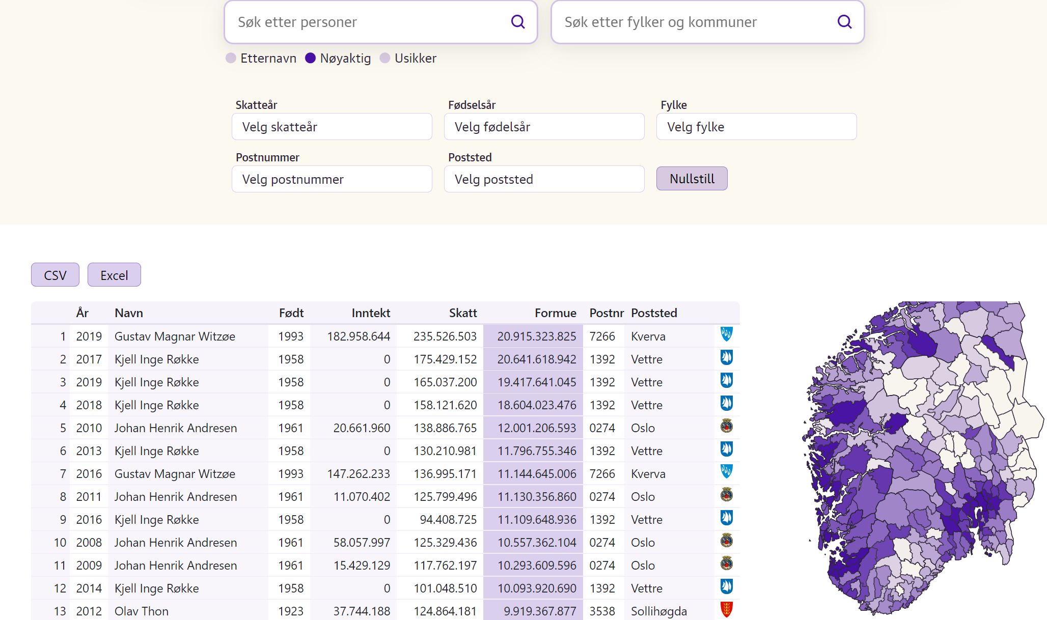 Skjermdump av skattesøkets grensesnitt